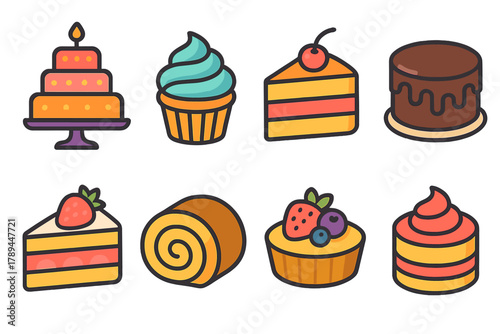 Vibrant Cake Icons. Decorative Cakes Icons flat icons: tiered cake, cupcake swirl, slice with cherry, chocolate drizzle cake, strawberry shortcake, sponge roll, fruit tart, mini