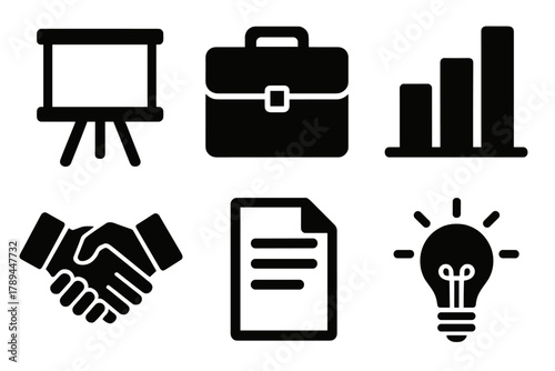 Brutalist Business Icons. Business presentations silhouette icon set: presentation board, briefcase, bar chart, handshake, document, light bulb.