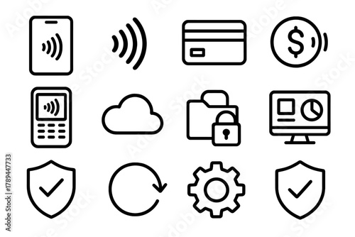 Digital Payment Icons. Contactless Payments linear icon set: smartphone screen, NFC symbol, credit card, wireless signal, dollar coin, payment terminal, cloud icon, secure folder,