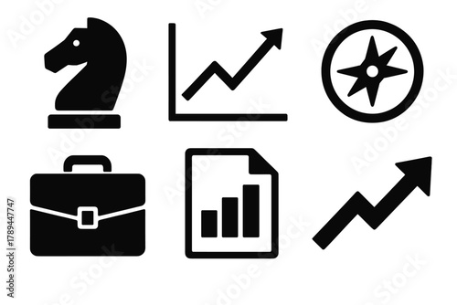 Strategic Leadership Icons. Strategic leadership silhouette icon set: chess knight, chart line, compass, briefcase, document chart, growth arrow.