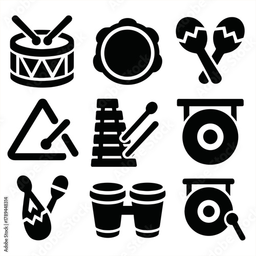 Brutalist Percussion Icons. Percussion Instruments silhouette icon set: drum, tambourine, cymbal, maracas, triangle, xylophone, bongo, gong.