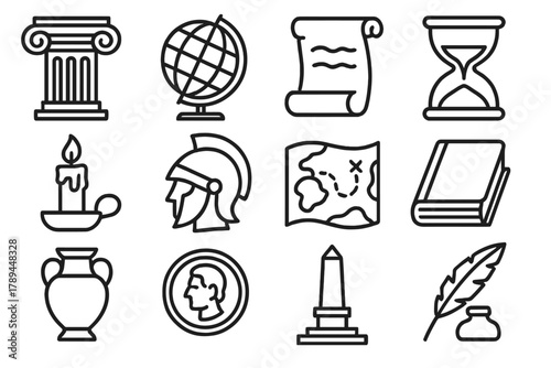 Iconic Historical Artifacts. Outdoor Advertising linear icon set: billboard, bus, poster, street sign, loudspeaker, flag, light bulb, building wall.