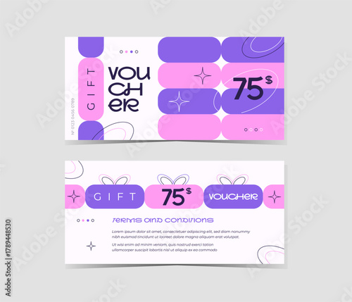 Abstract gift voucher card template. Modern certificate with geometric shape pattern. Vector bright background design with information sample text