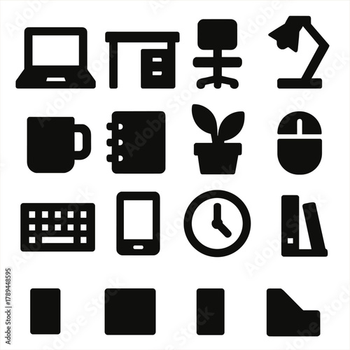 Brutalist Workstation Icons. Home Workstation silhouette icon set: laptop, desk, chair, lamp, mug, notebook, plant, mouse, keyboard, phone, clock, file holder. , .