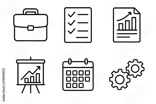 Business Icons Overview. Business preparation linear icon set: briefcase, checklist, document chart, chart board, calendar, gears.