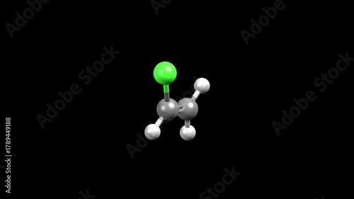 Animated 3D ball-and-stick and space-filled models of vinyl chloride, black background
