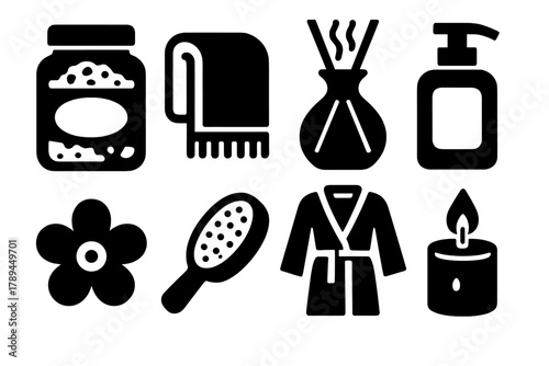 Brutalist Spa Icons. Home Spa Collection silhouette icon set: bath salts, towel, diffuser, lotion, flower, brush, robe, candle.