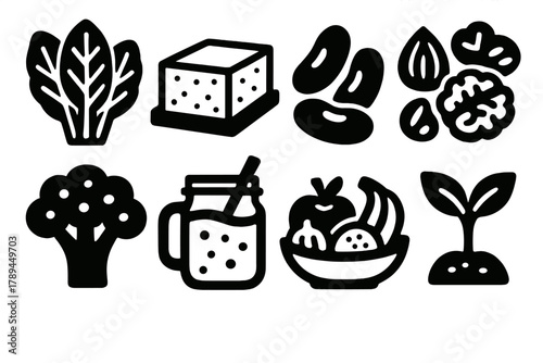 Plant-Based Icon Set. Plant-Based Eating silhouette icon set: leafy greens, tofu block, legumes, nuts, broccoli, smoothie jar, fruit bowl, sprout.