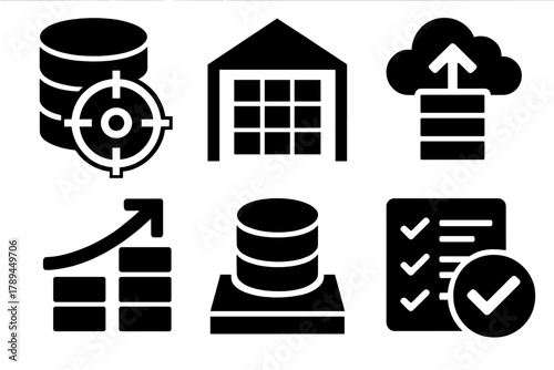 Data Loading Icons. Data Loading Operations silhouette icon set: target database, warehouse table, batch upload, incremental load, staging area, success log.