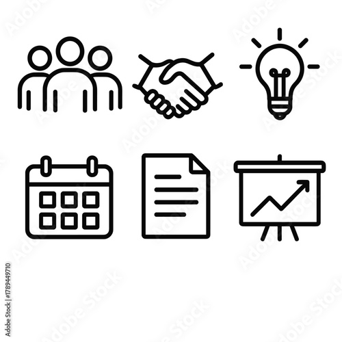 Collaborative Icon Set. Team assistance linear icon set: group of people, handshake, light bulb, calendar, document, chart board.