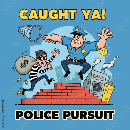 Dynamic cartoon police pursuit scene featuring determined officer chasing runaway bank robber with loot