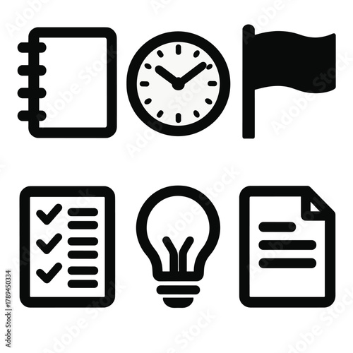 Bold Prioritization Icons. Personal prioritization silhouette icon set: notebook, clock, flag, checklist, light bulb, document.