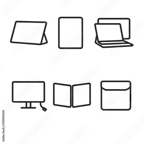 Portable Monitor Icons. Portable Monitors linear icon set: slim travel monitor, tablet screen, laptop second display, USB-C monitor, foldable panel, protective sleeve.