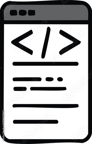 Minimalist hand-drawn doodle icon of a browser window showing source code syntax for web development and programming