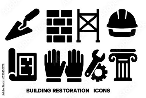 Building Restoration Icons. Building Restoration silhouette icon set: trowel, brick wall, scaffold, safety helmet, blueprint, gloves, repair tool, column.