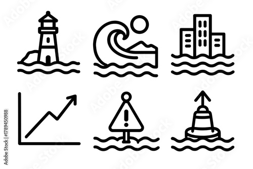 Climate Change Icons. Rising Sea Levels linear icon set: flooded coastline, lighthouse, wave line, city skyline, climate graph, warning buoy.