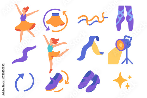 Dynamic Dance Icons. Dance Movement flat icons: dancer, twirling skirt, spin arrow, rhythm line, ballet shoes, jump pose, flow ribbon, spotlight, stage light, curved arrow, tap