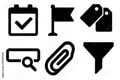 Brutalist Email Icons. Email Productivity silhouette icon set: calendar invite, follow-up flag, label tags, search bar, attachment paperclip, filter funnel.
