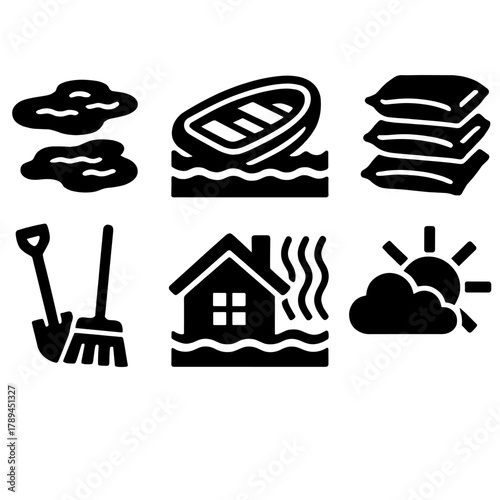 Post-Flood Icon Set. Post-Flood Scene silhouette icon set: water puddles, rescue boat, sandbags, cleanup tools, drying house, cloudy sun.