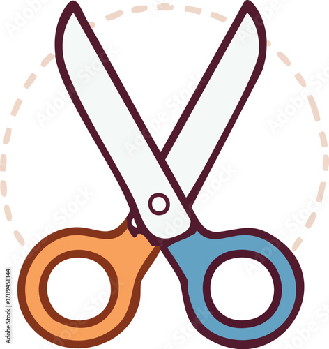 Simple and stylized illustration of a pair of scissors with orange and blue handles, set against a plain background with a dotted circle outline, representing cutting or crafting