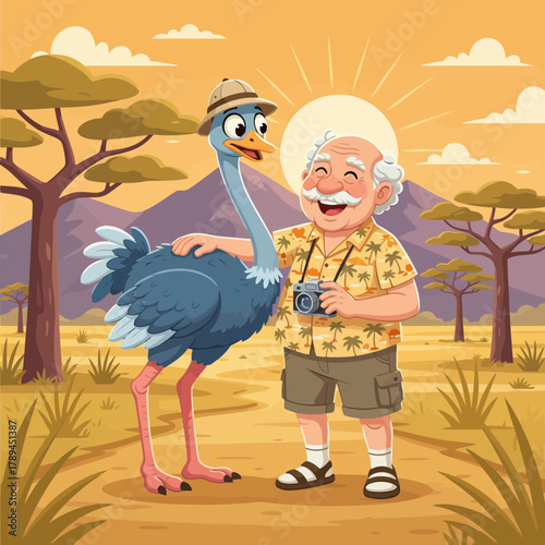 Whimsical safari adventure featuring a friendly tourist bonding with an adorable ostrich friend