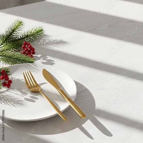 Minimalist Christmas food poster background with white plate, pine leaves, and red berries. Clean bright layout perfect for holiday menu or festive branding