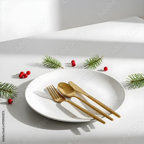 Minimalist Christmas food poster background with white plate, pine leaves, and red berries. Clean bright layout perfect for holiday menu or festive branding