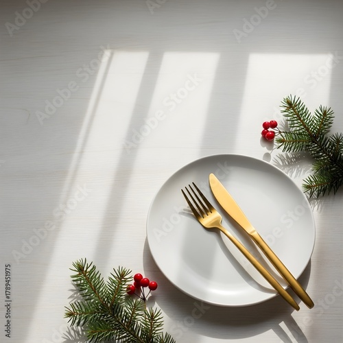 Minimalist Christmas food poster background with white plate, pine leaves, and red berries. Clean bright layout perfect for holiday menu or festive branding