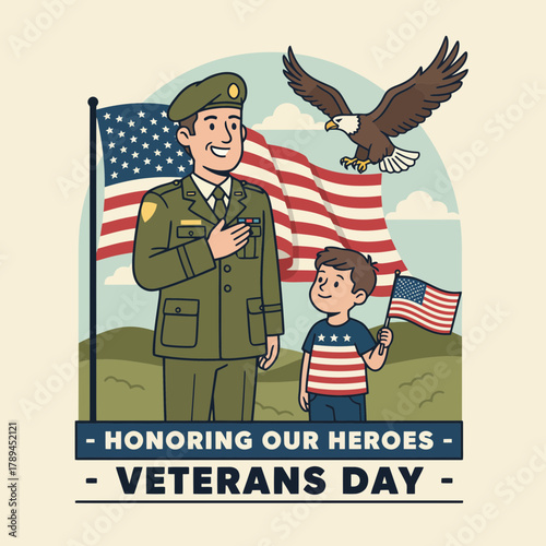 Proud veteran stands tall with son, American flag waving, and soaring eagle for Veterans Day tribute