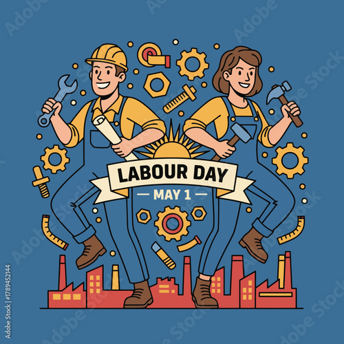 Celebrating Labour Day with skilled workers, gears, and industry pride in a modern illustration