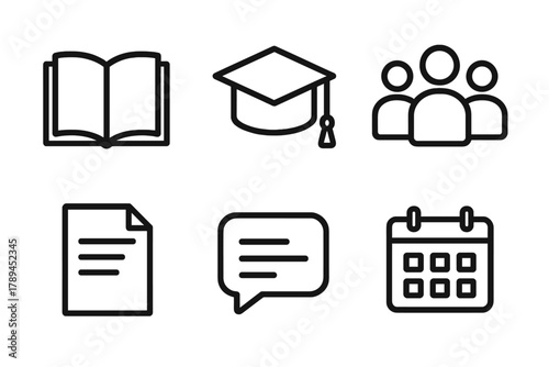 Education Icon Set. Educational participation linear icon set: open book, graduation cap, people icons, document paper, chat bubble, calendar.