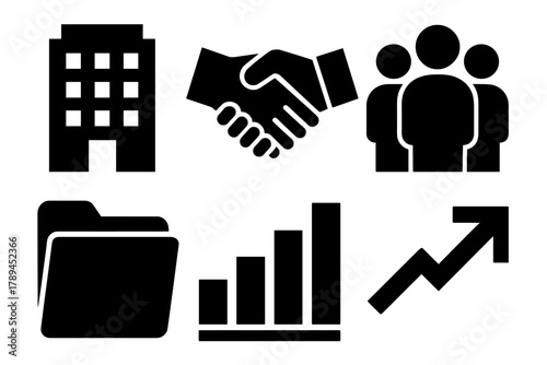 Corporate Icon Set. Corporate group effort silhouette icon set: building, handshake, group of people, document folder, bar graph, upward arrow.