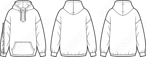Blank hoodie flat vector template front and back view, pullover sweatshirt design, unisex streetwear apparel mockup illustration