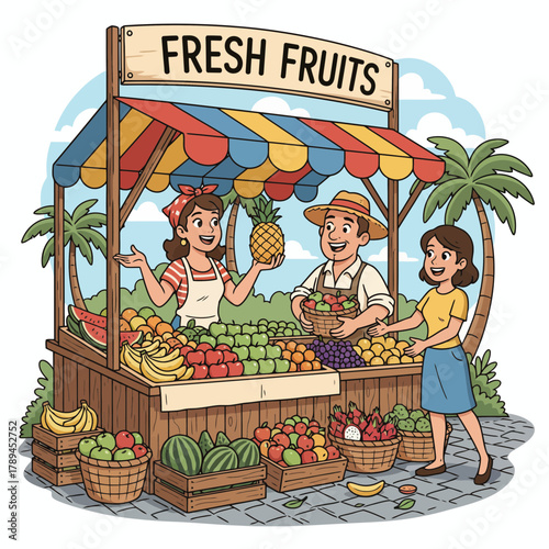 Fresh fruits market stand with smiling vendors offering healthy organic produce to customer