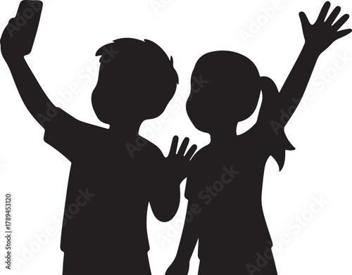  childrens taking selfie and raising hands in joyful pose vector illustration
