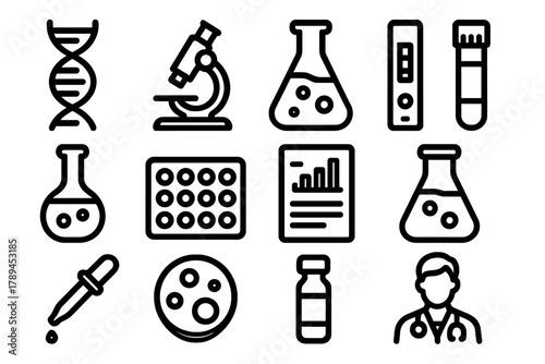 Laboratory Equipment Icons. Diagnostic Laboratory linear icon set: DNA strand, microscope, beaker, test strip, chemical flask, sample tray, report chart, blood sample, pipette,