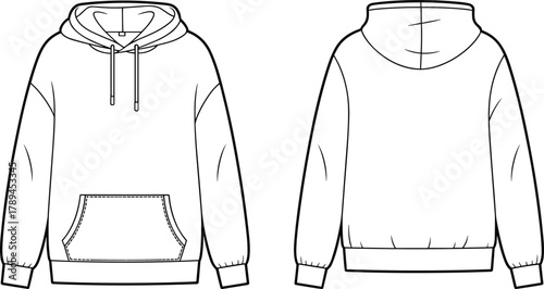 Unisex hoodie flat fashion sketch front and back view, casual sweatshirt technical drawing, pullover apparel CAD template vector