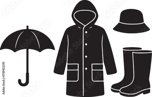  raincoat umbrella boots hat vector illustration for rainy weather protection silhouette vector