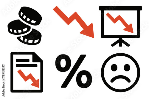 Investment Loss Icons. Investment loss silhouette icon set: coin stack falling, red arrow, chart board, document paper, percentage sign, sad face icon.