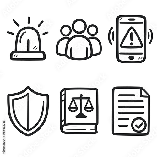 Public Safety Icons. Public Safety outline icons: emergency light, community icon, phone alert, protection shield, law book, policy paper.