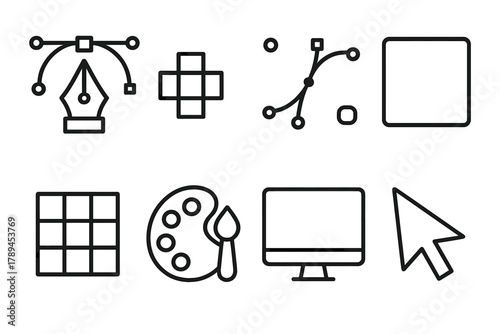 Digital Design Tools. Vector Illustration linear icon set: pen tool, anchor point, curve line, shape, grid, color picker, monitor, cursor.
