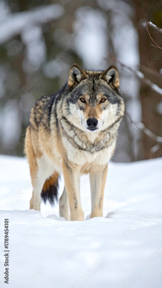 Naklejka premium A majestic wolf stands in a snowy forest, its gaze fixed forward. The animal's fur has a blend of gray, brown, and white