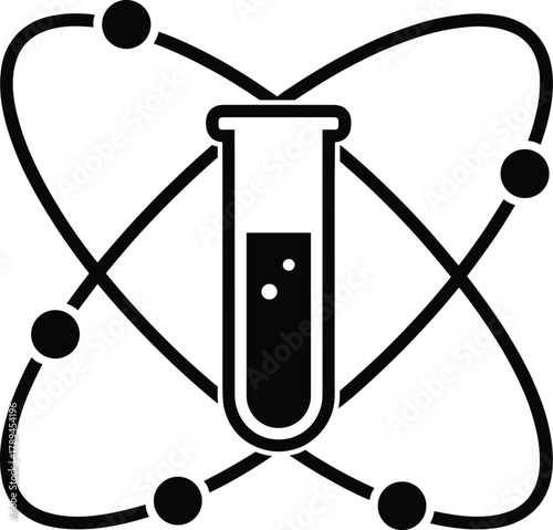 Black and white science laboratory logo with test tube and atomic orbit design representing chemistry, research, innovation, and scientific discovery.