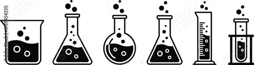 Collection of laboratory glassware icons featuring beakers, flasks, cylinders, and test tubes with bubbling liquid for science experiments.