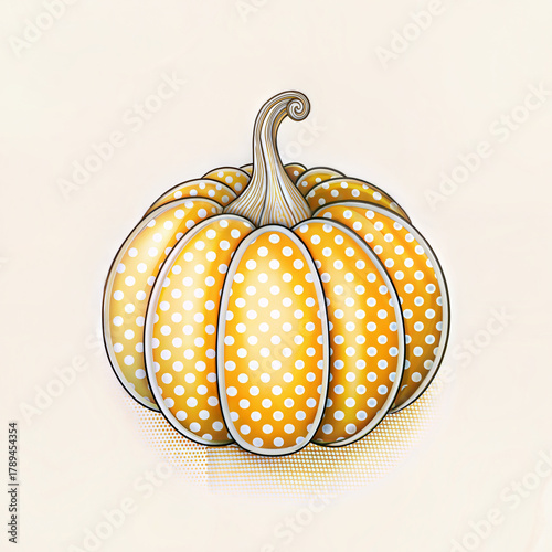 Colorful pumpkin illustration, artistic design, polka dots, whimsical style, light background, copy space