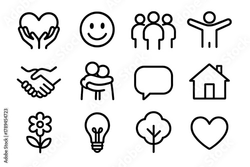 Symbols of Human Connection. Human Connection linear icon set: heart hands, smile face, group of people, open arms, handshake, hug icon, speech bubble, home, flower, light bulb,