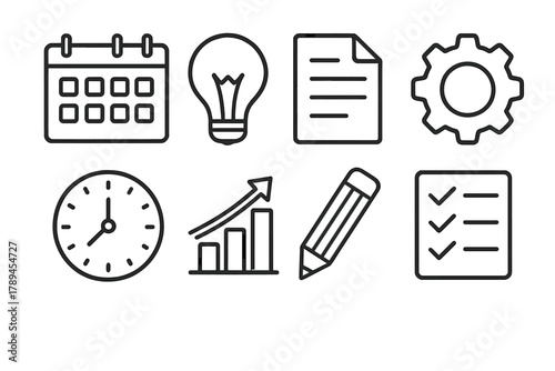 Productivity Icons Set. Work Efficiency Set linear icon set: calendar, light bulb, document, gear, clock, graph, pencil, checklist.