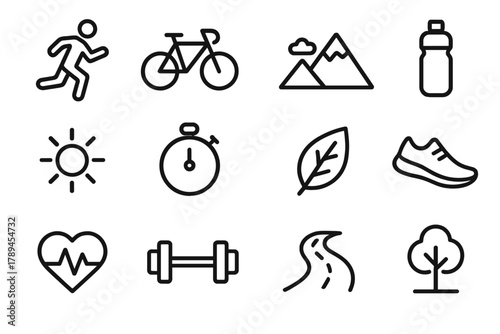 Outdoor Fitness Icons. Outdoor Exercise linear icon set: runner, bicycle, mountain, water bottle, sun, stopwatch, leaf, shoe, dumbbell, heart pulse, road, tree.