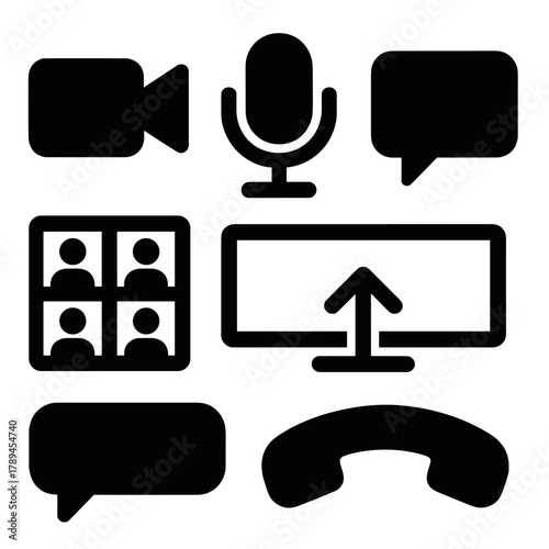 Bold Virtual Meeting Icons. Virtual Meetings silhouette icon set: video camera icon, microphone icon, participant grid, chat bubble, screen share, end call button.