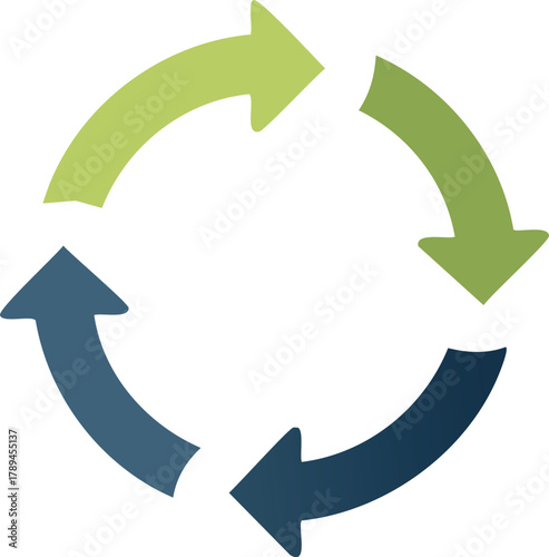 Vibrant abstract cycle icon featuring four interconnected arrows in refreshing green and calming blue hues, symbolizing continuous process, renewal, and circular motion